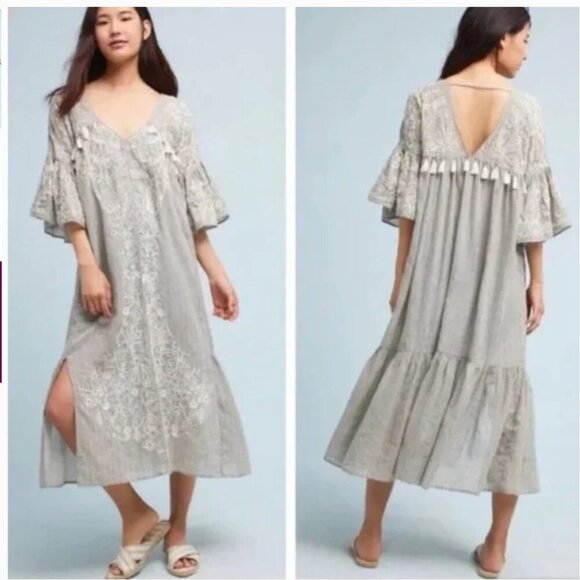 Anthropologie Maeve Tisdale Embroidered Tassel Midi Dress Women 6 Oversized Gray - Picture 2 of 16